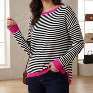 Cotton Chic Striped Sweater with Pink Trim